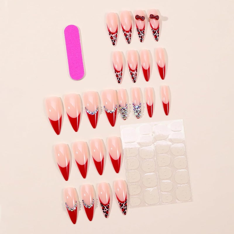 ASABITE 24Pcs Long Stiletto Press on Nails Red French Tip Fake Nails with 3D Bow Leopard Rhinestone Design Artificial False Nails Long Almond Nails Press ons Handmade Glue on Nail for Women Nail Decoration - Image 3